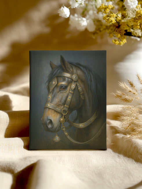 A rectangular, vertical matte canvas print depicting a classical, painterly portrait of a horse's head in profile. The horse is a deep, dark brown with a flowing black mane. It is adorned with an ornate and intricate bridle made of dark leather and burnished gold metal plates, featuring detailed scrollwork. A small, eye-shaped charm with a blue center dangles from the bridle near the horse's cheek. The lighting is dramatic chiaroscuro, with a soft light illuminating the horse's face.